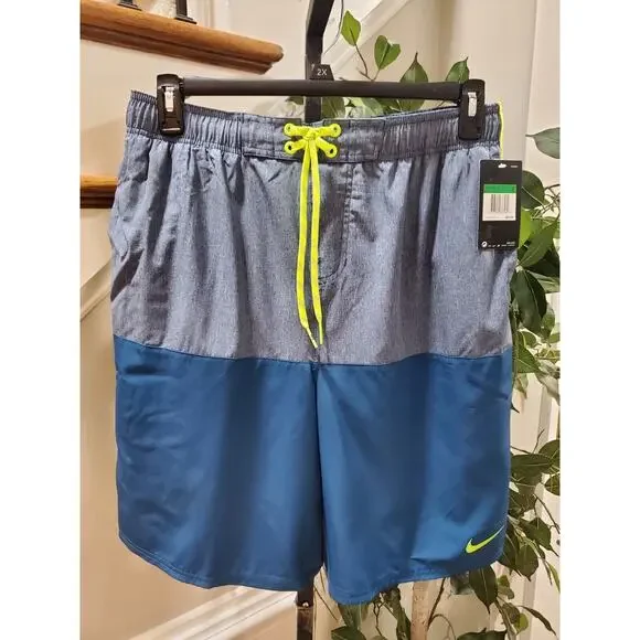 Nike Men Blue Polyester Pull On Drawstring Swim Trunk Logo Print Shorts Size LT